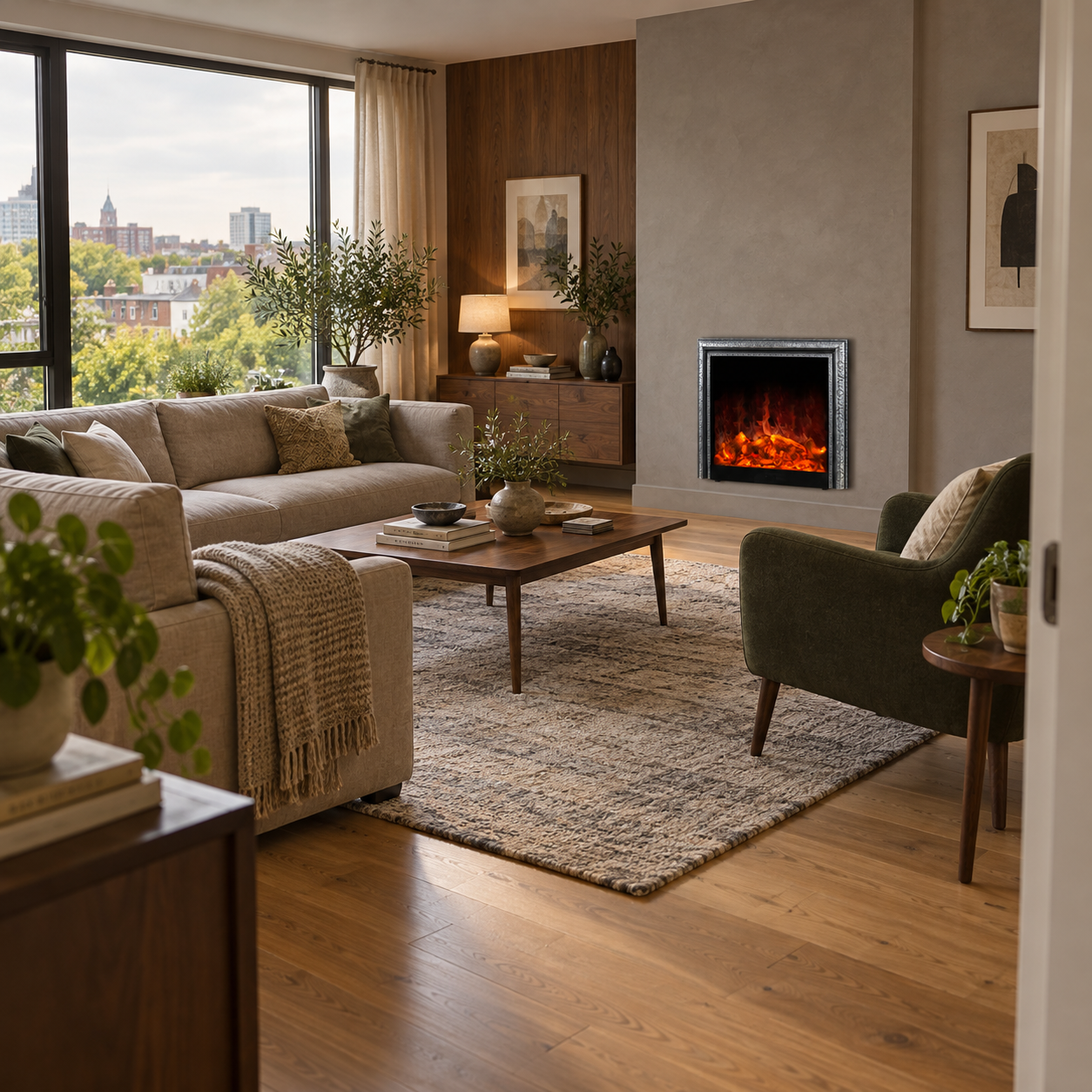 TLB-99B-2 fireplace shown in a wood-paneled accent scene with green upholstery and broad windows; illustrative room scene