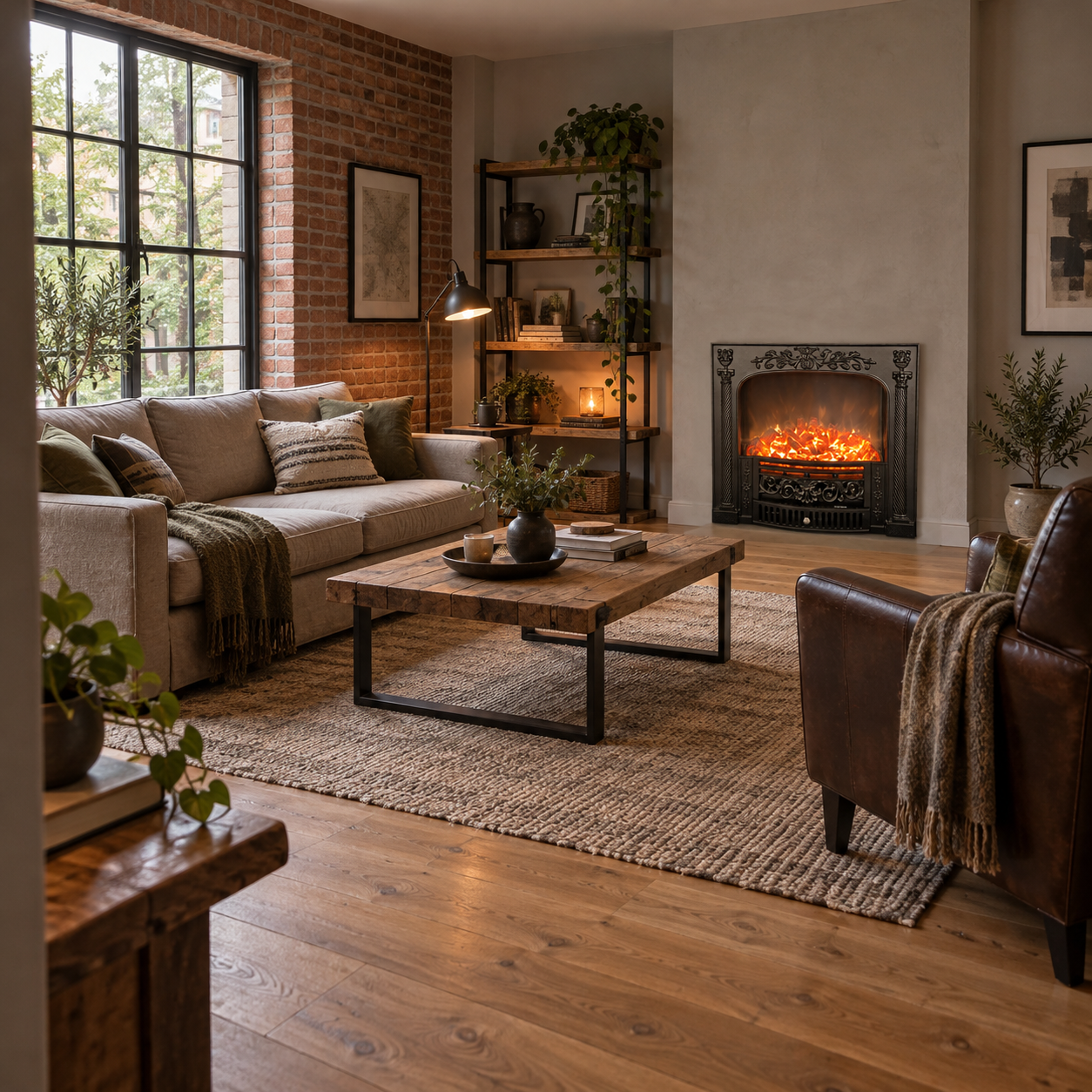 TLB-99B-4A fireplace shown in a brick-and-window lounge with neutral seating and a dark wood coffee table; illustrative room scene