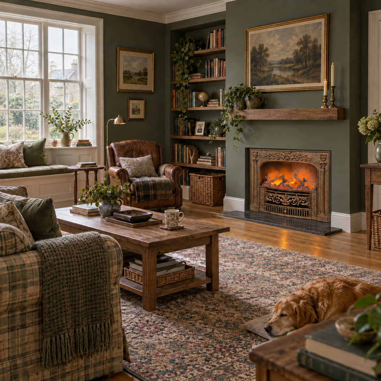 TLB-99B-4A fireplace shown in a deep green room with bookshelves, patterned seating and a large framed mirror; illustrative room scene