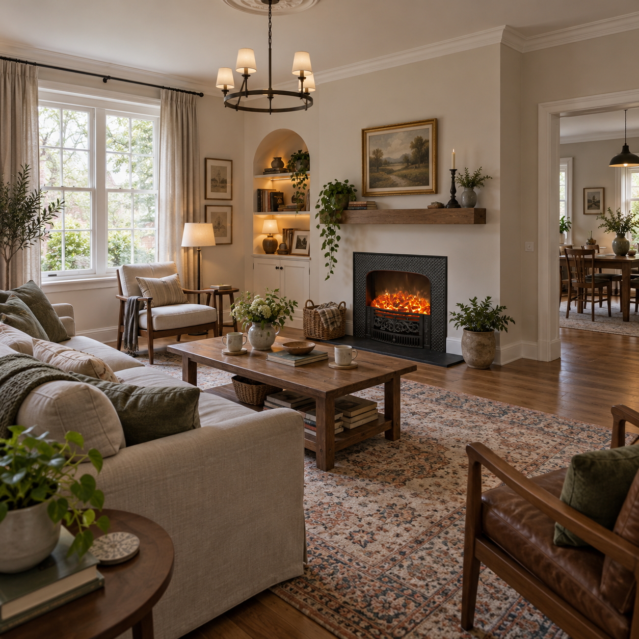 TLB-99B-4B fireplace shown in a bright room with a white surround, soft green seating and a wood table; illustrative room scene