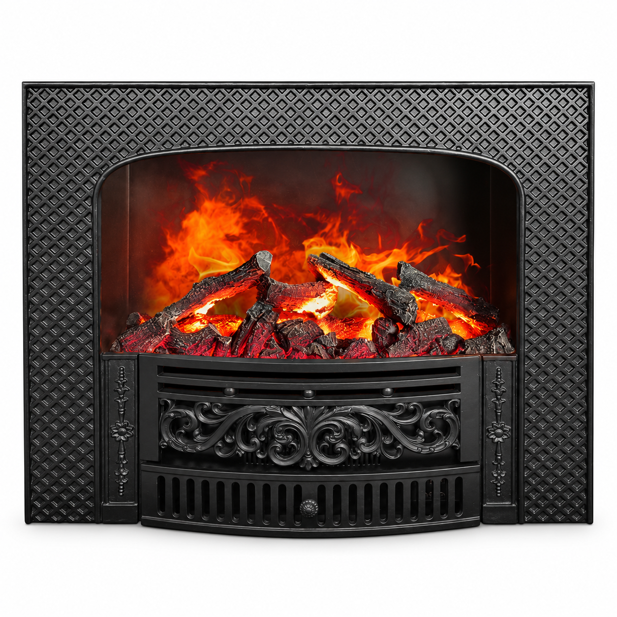 TLB-99B-4B lattice-pattern water vapor fireplace insert, front product view on white
