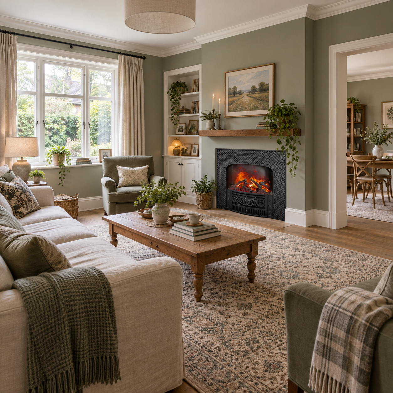 TLB-99B-4B fireplace shown in a light room with olive seating, open shelves and a square wood table; illustrative room scene