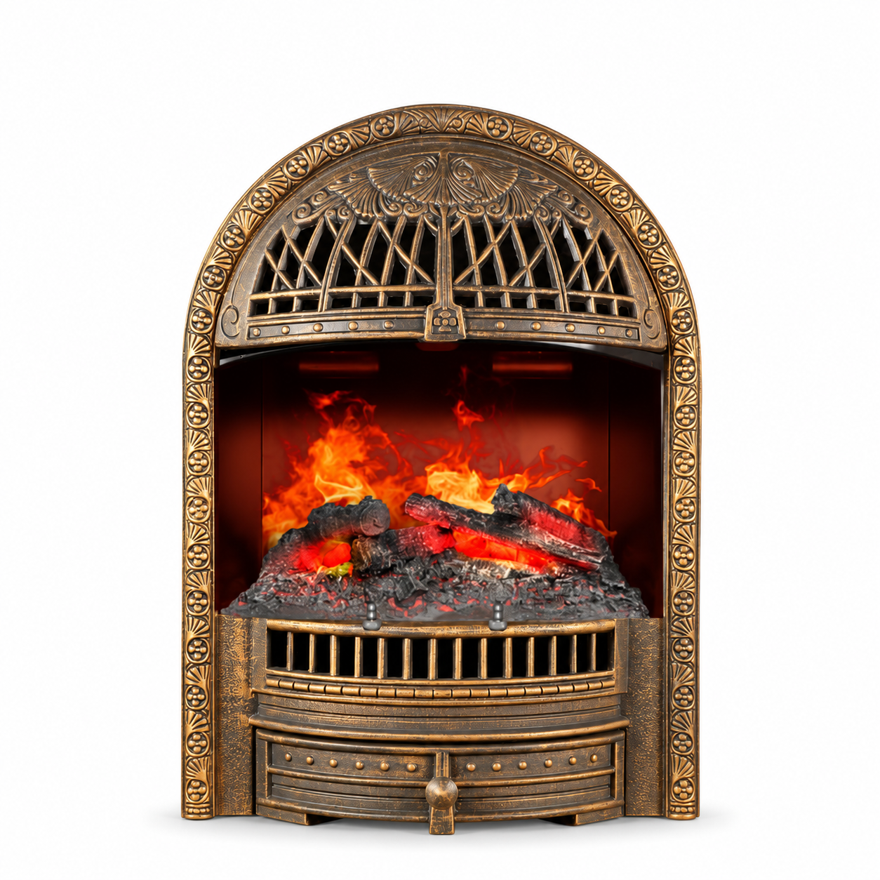 TLB-99B-5 compact bronze-tone birdcage water vapor fireplace, front product view on white