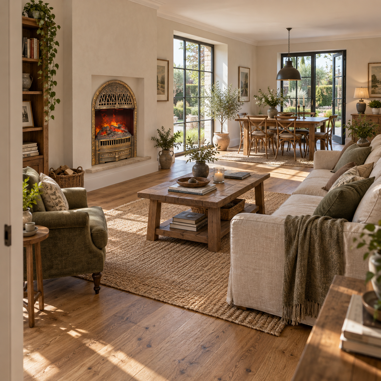 TLB-99B-5 fireplace shown in an open living and dining scene with green seating and broad windows; illustrative room scene