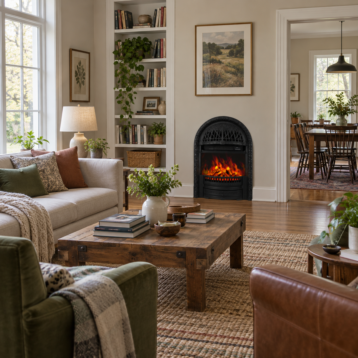TLB-99B-5 fireplace shown in a neutral room with green and tan accents around a white fireplace wall; illustrative room scene