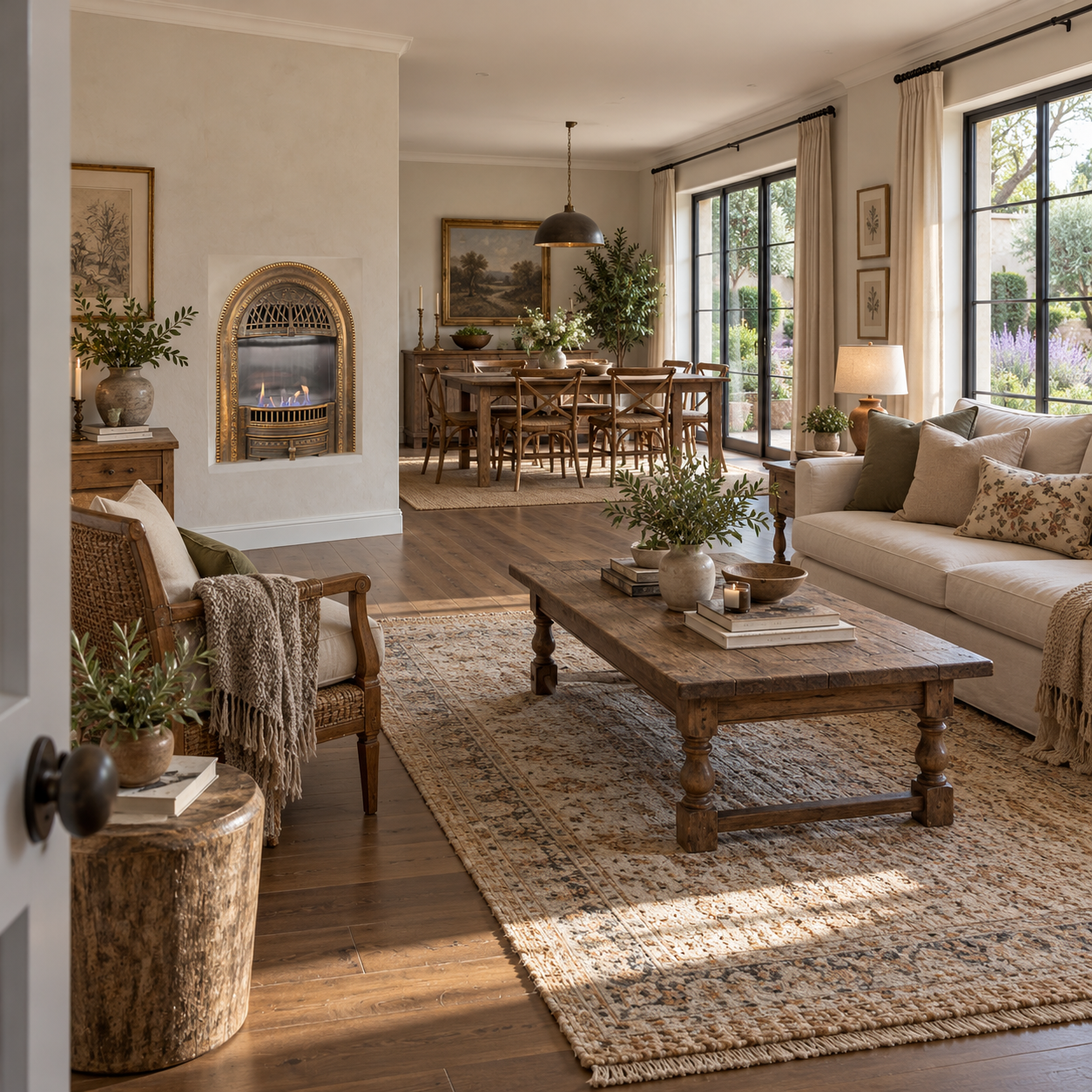 TLB-99B-5 fireplace shown in a bright living and dining scene with cream seating and a rustic wood table; illustrative room scene