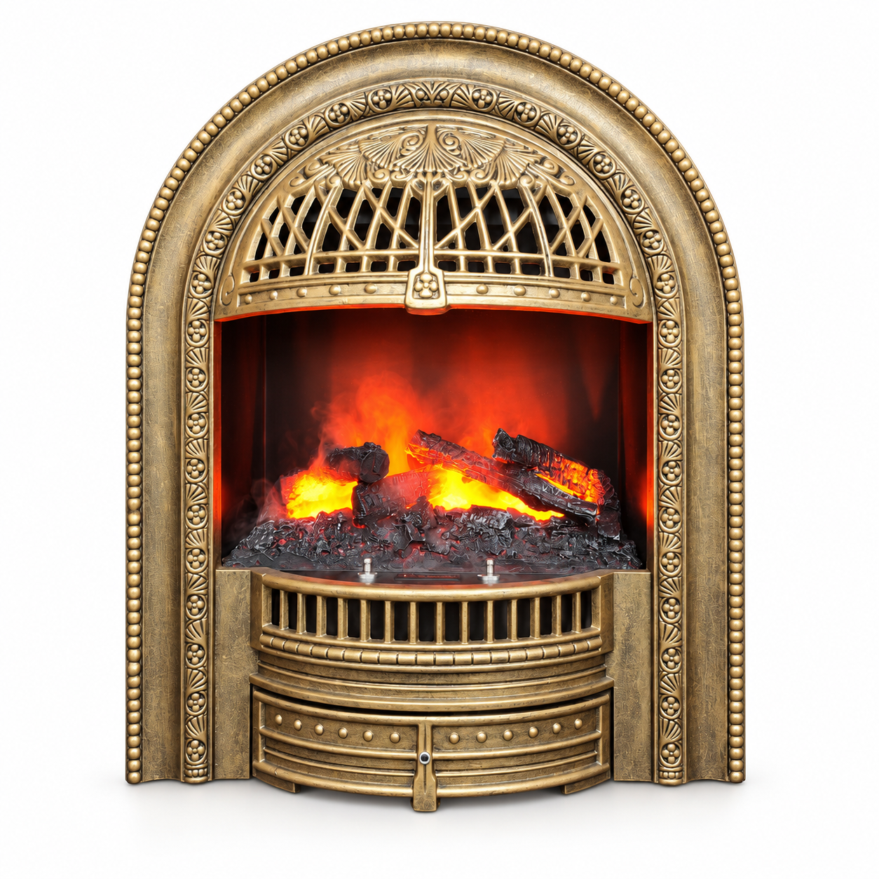 TLB-99B-5 gold-tone birdcage water vapor fireplace, front product view on white