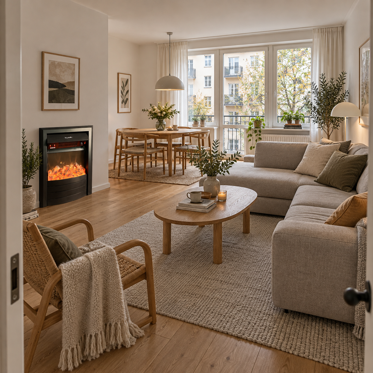 TLB-99B-9 fireplace shown in a pale sitting and dining space with cream upholstery and light wood flooring; illustrative room scene