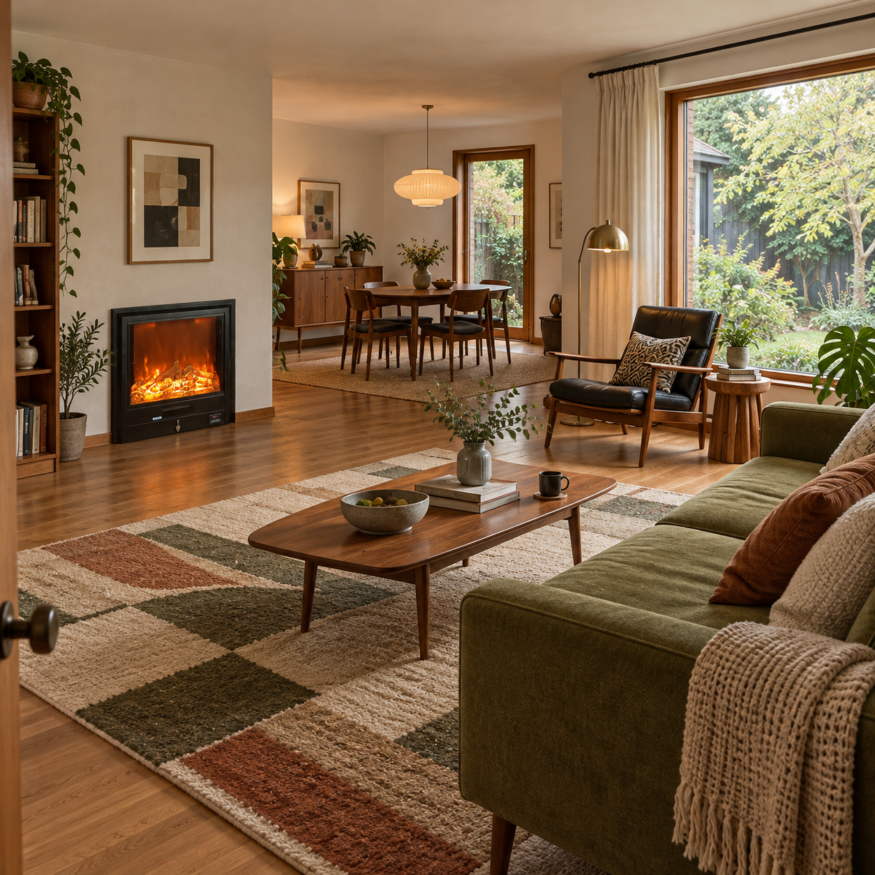 TLB-99C-1 fireplace shown in a mid-century-inspired room with green seating and a geometric rug; illustrative room scene