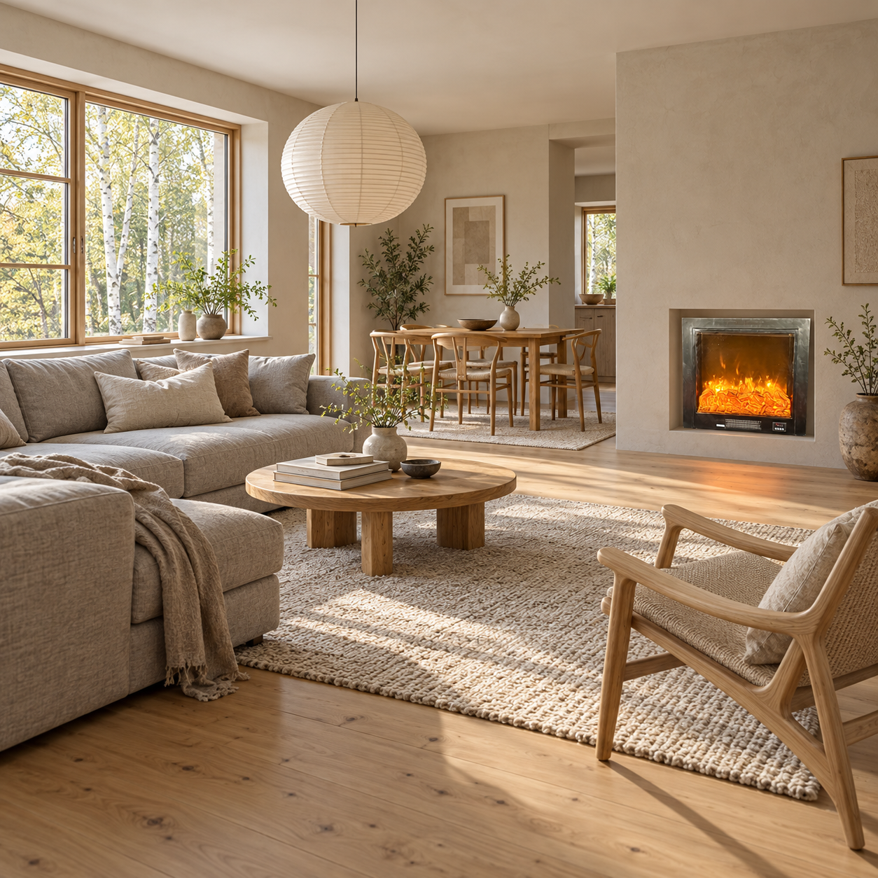 TLB-AB-J fireplace shown in a bright Scandinavian-style scene with pale wood chairs and a round table; illustrative room scene