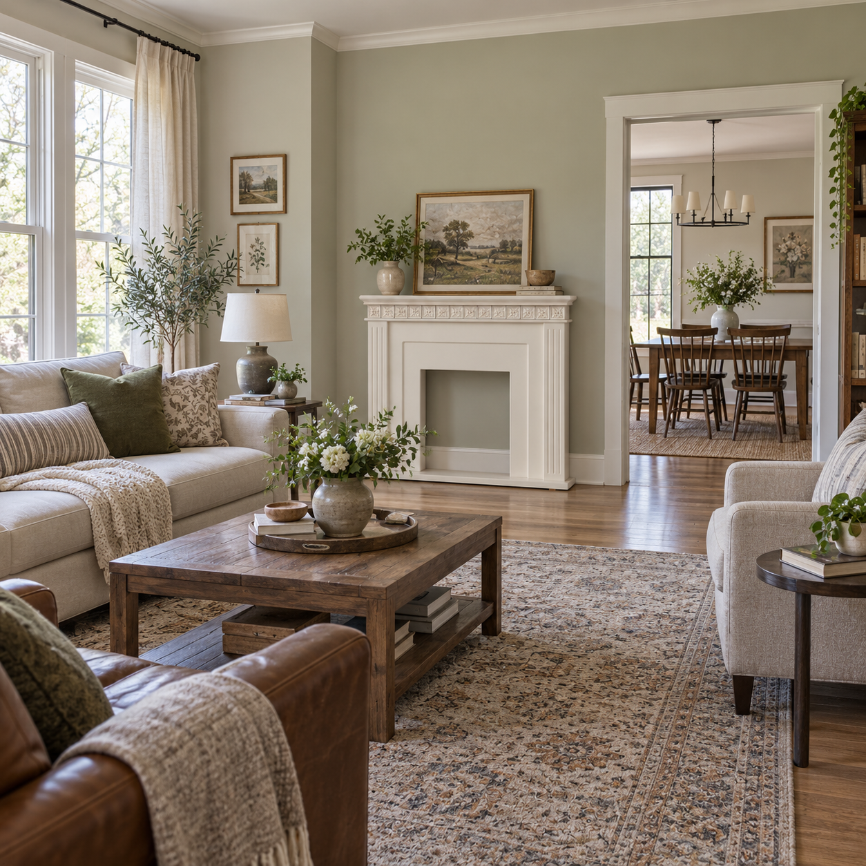 XH-BLJ-016 fireplace shown in a pale neutral room with a round mirror, wood table and layered textiles; illustrative room scene
