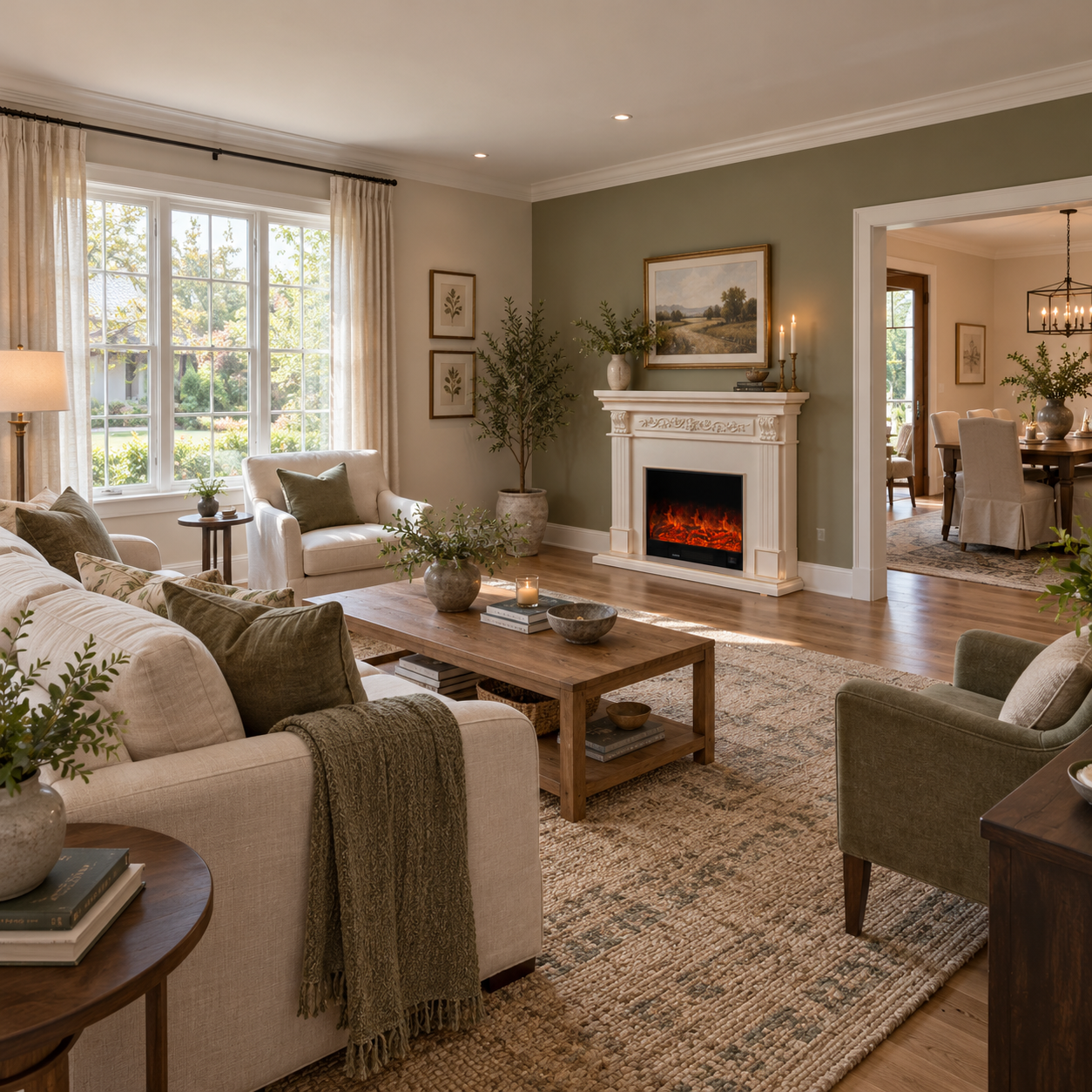 XH-BLJ-017 fireplace shown in a green-accent room with classic seating, framed art and patterned rug; illustrative room scene