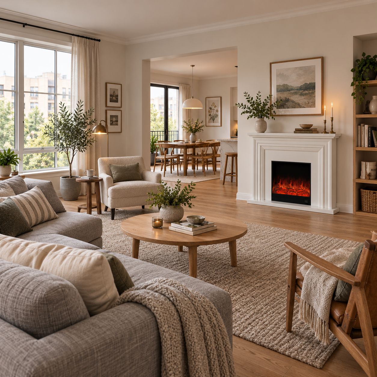 XH-BLJ-018 fireplace shown in a bright neutral lounge with rounded tables and pale wood furniture; illustrative room scene
