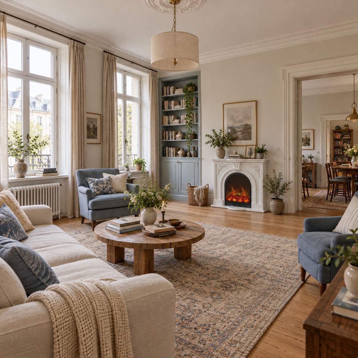 XH-BLJ-019 fireplace shown in a sunny room with pale seating, bookcases and a low wood table; illustrative room scene