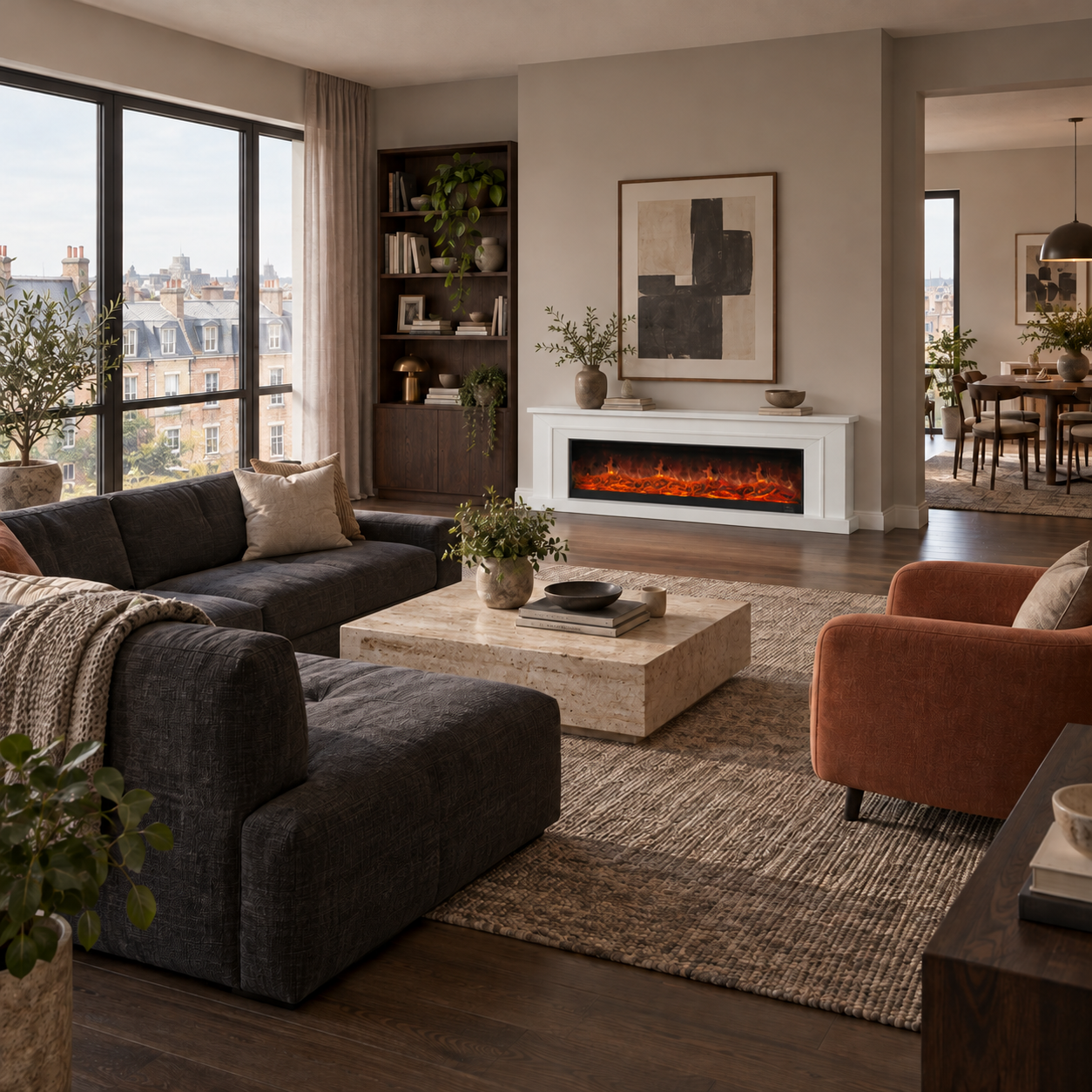 XH-DSG-028 fireplace shown in a darker accent-wall scene with charcoal seating and a rust-toned chair; illustrative room scene