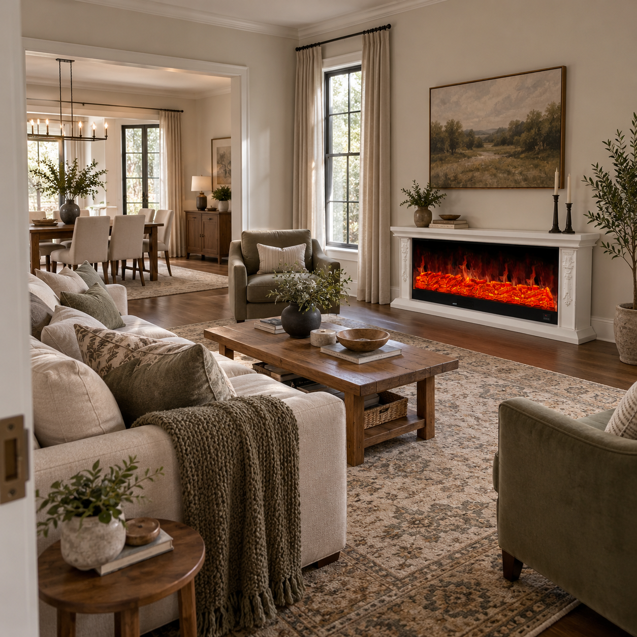 XH-DSG-029 fireplace shown in a cream-and-olive lounge with framed art and a broad landscape print; illustrative room scene