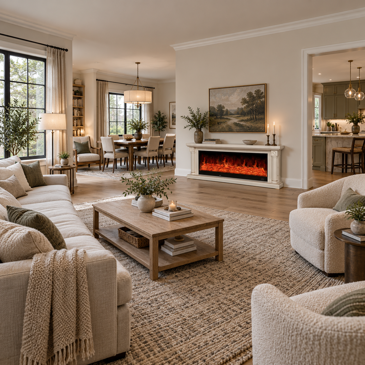 XH-DSG-031 fireplace shown in a bright family-room scene with cream seating and open shelving; illustrative room scene