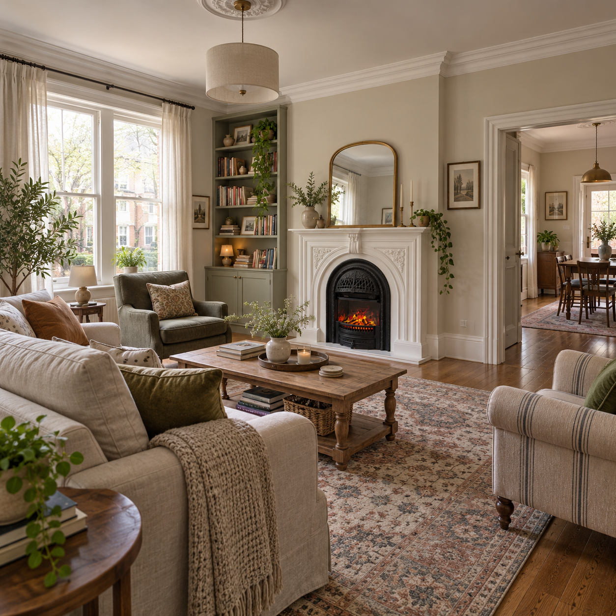 XZ-BLJ-022 fireplace shown in a pale sitting room with an arched mirror, classic wood furniture and green accents; illustrative room scene