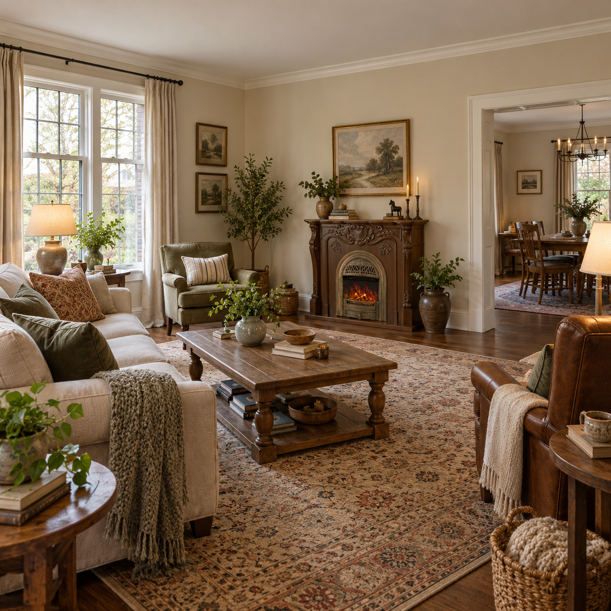 XZ-BLJ-026 fireplace shown in a light classical lounge with framed art, greenery and layered neutral textiles; illustrative room scene