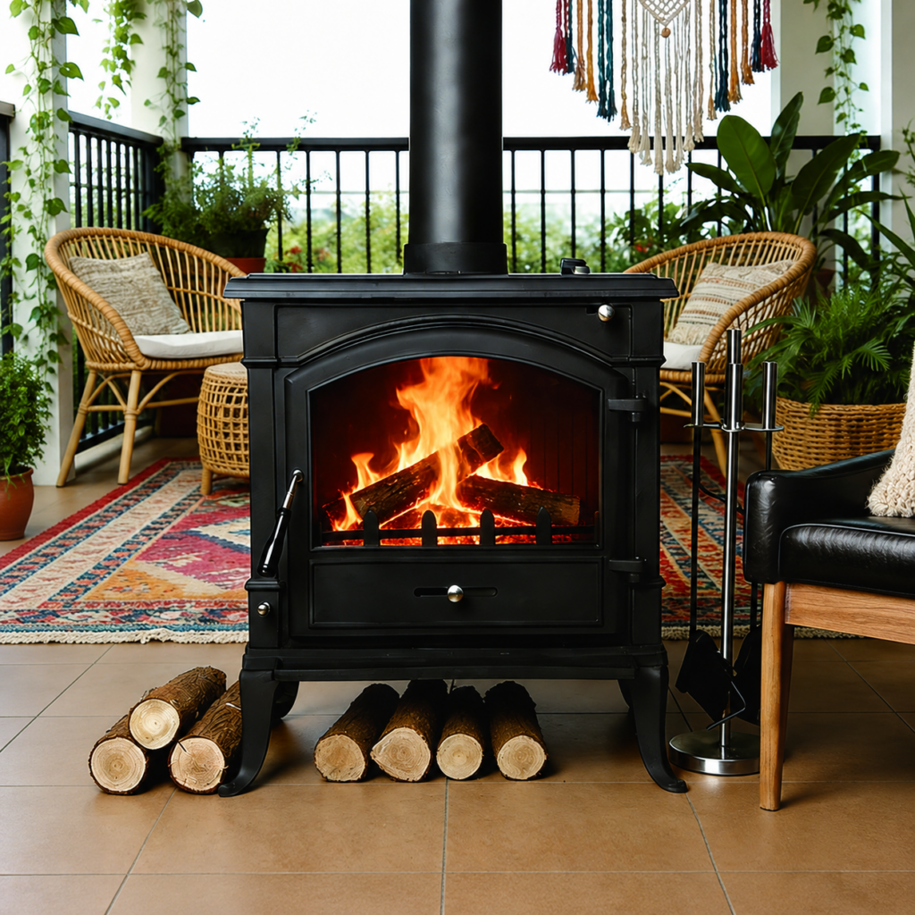 ZT780B Cast Iron Wood Stove - interior scene with square framing