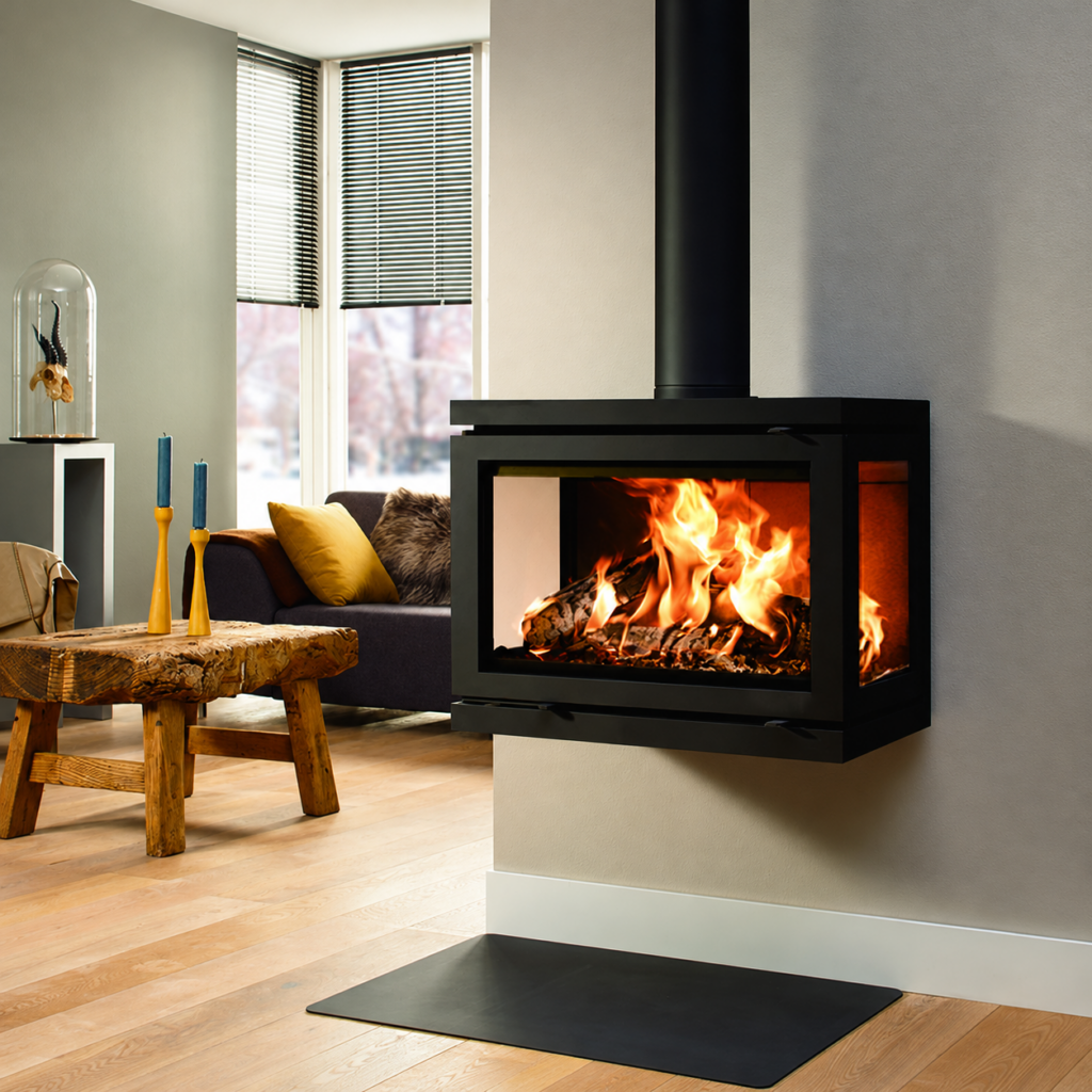 VD680 Wall-Mounted Wood Stove - interior scene with square framing