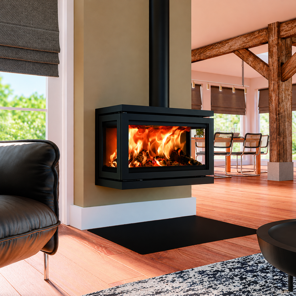 VD800 Wall-Mounted Wood Stove - interior scene with square framing