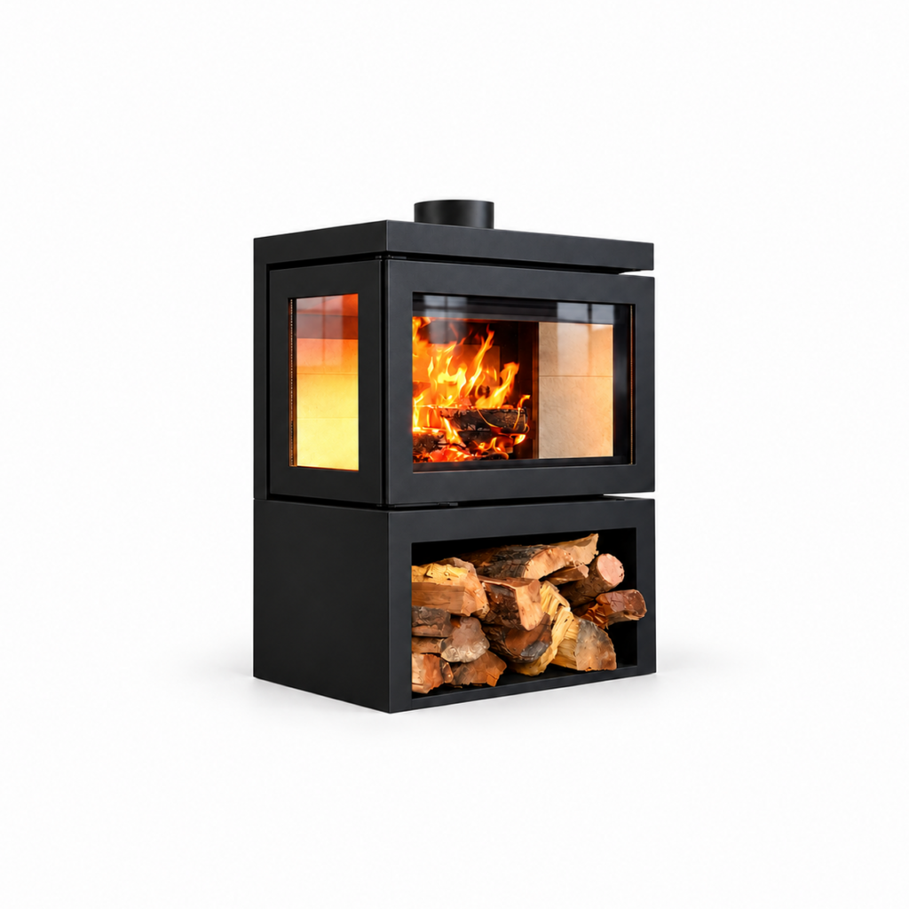 VD680 Log Storage Wood Stove - white background product view