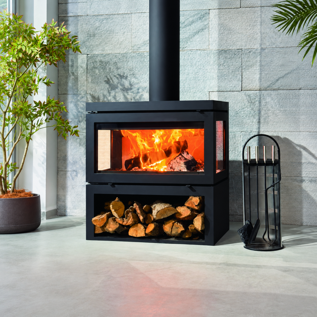 VD800 Log Storage Wood Stove - interior scene with square framing