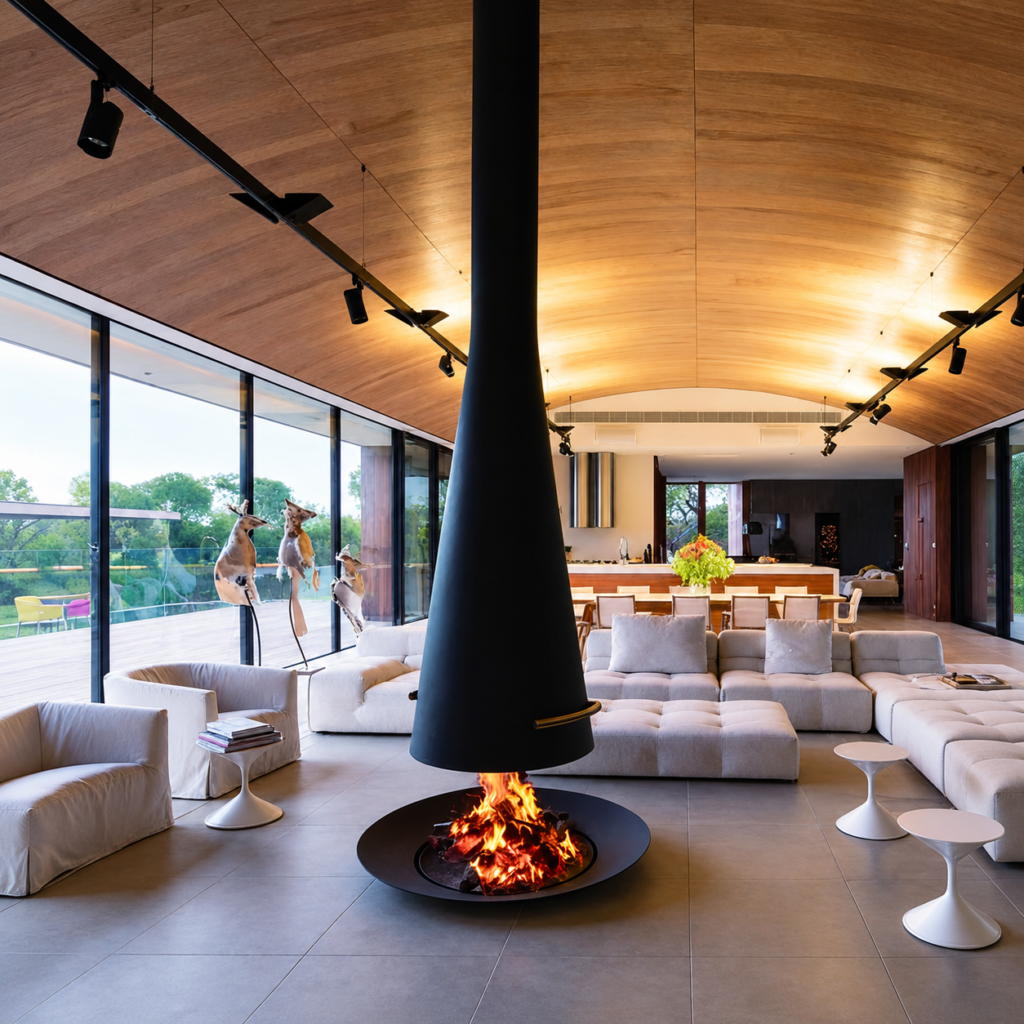 CX-1 Central Wood Fireplace - interior scene with square framing