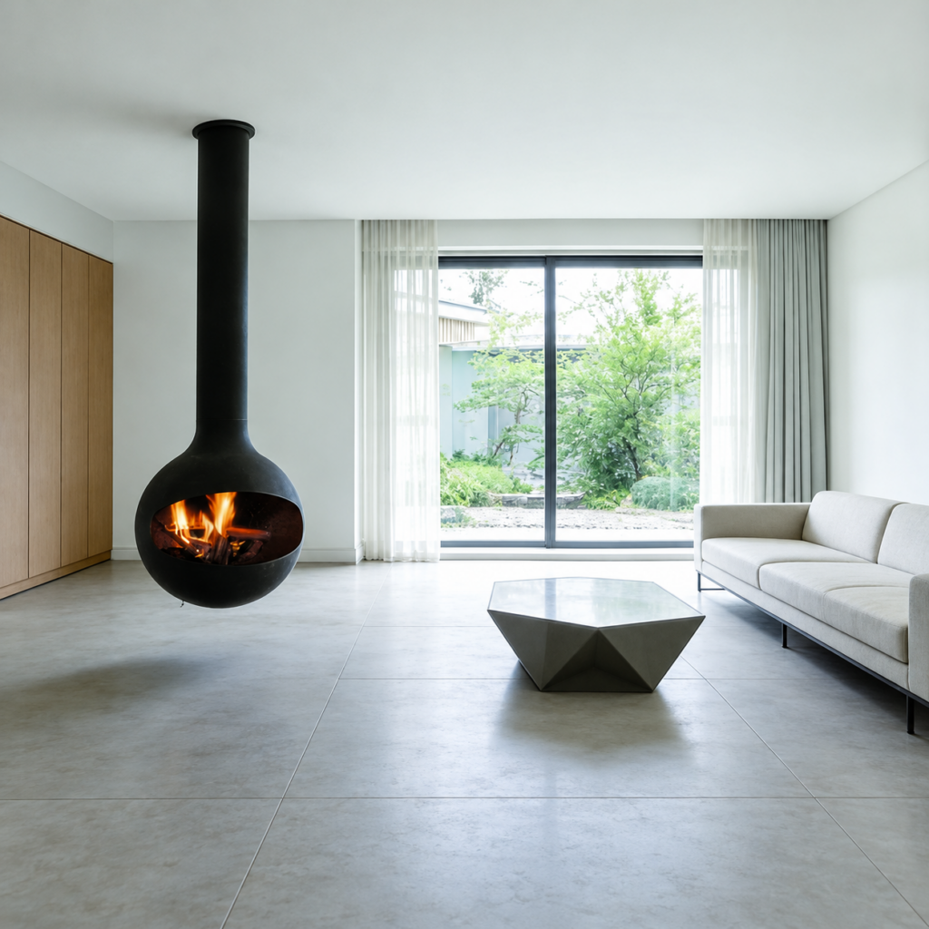 CX-2 Suspended Wood Fireplace - interior scene with square framing