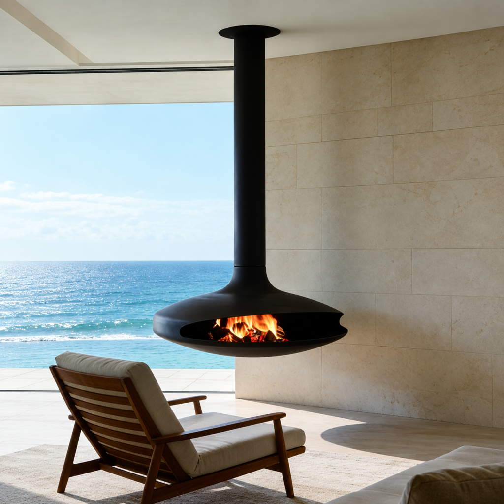 CX-3 Suspended Wood Fireplace - interior scene with square framing