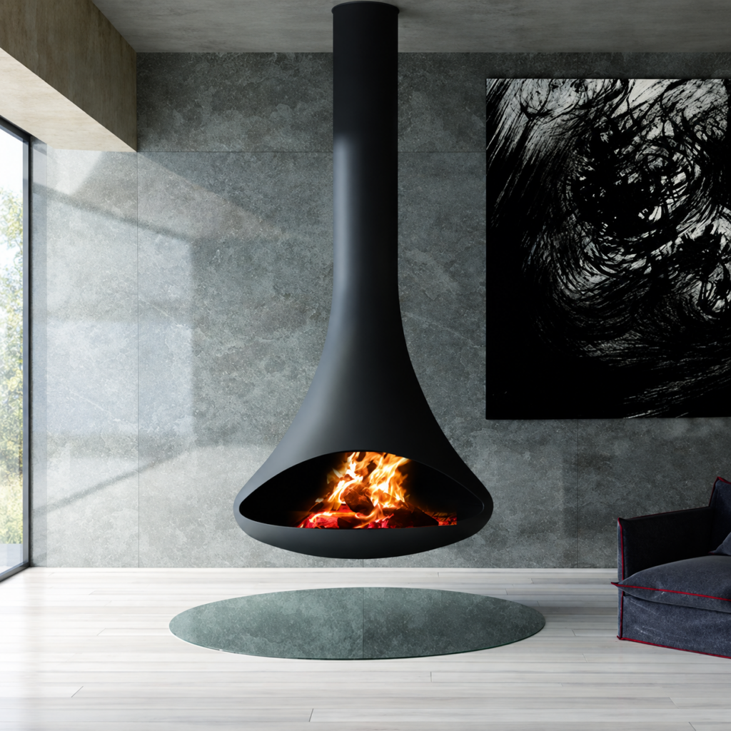 CX-5 Suspended Wood Fireplace - interior scene with square framing