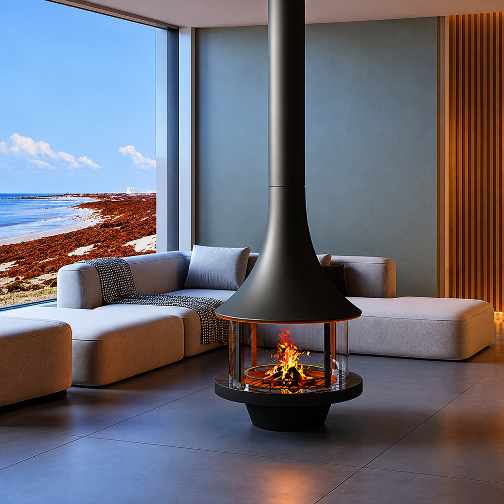 CX-6 Suspended Wood Fireplace - interior scene with square framing