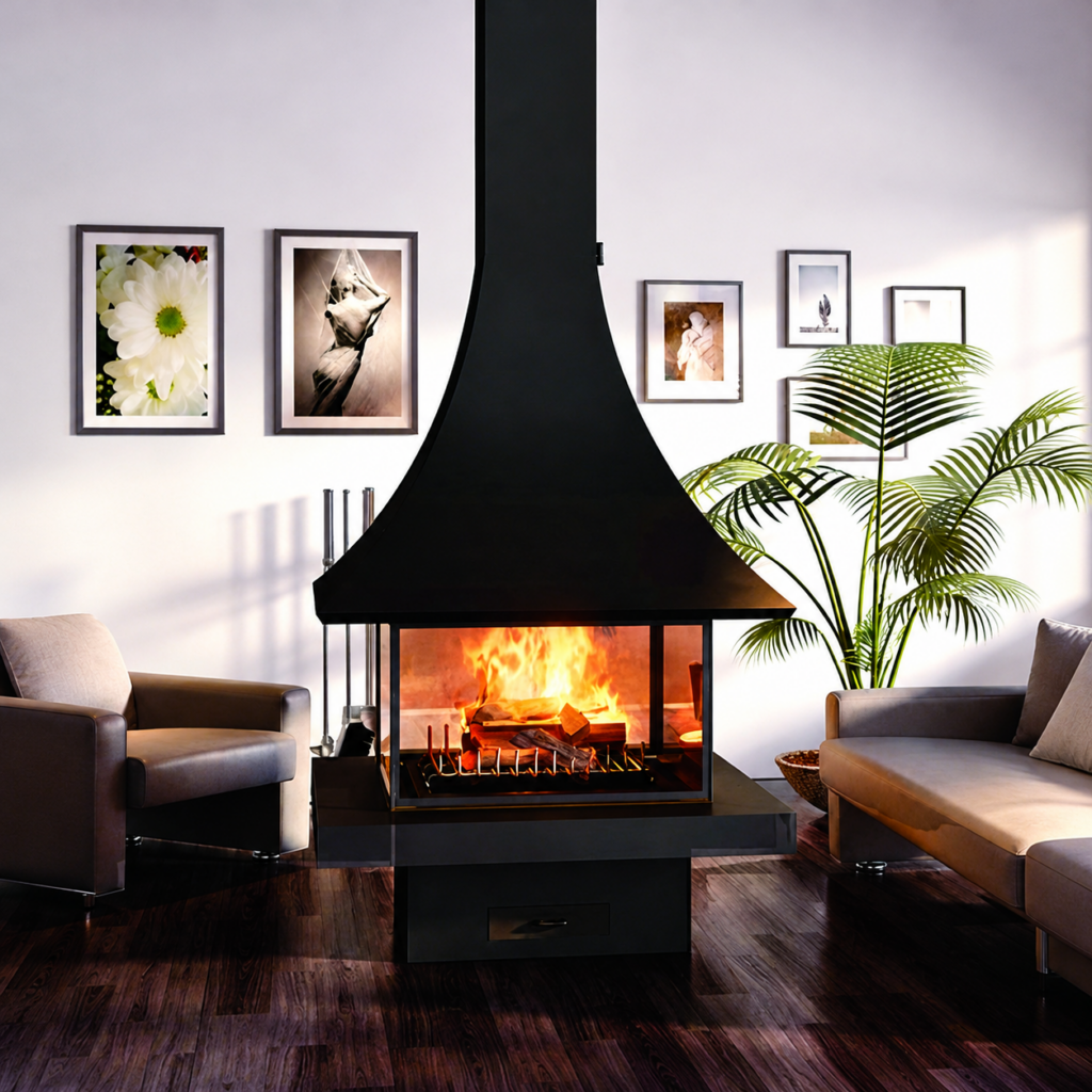 CX-9 Central Wood Fireplace - interior scene with square framing