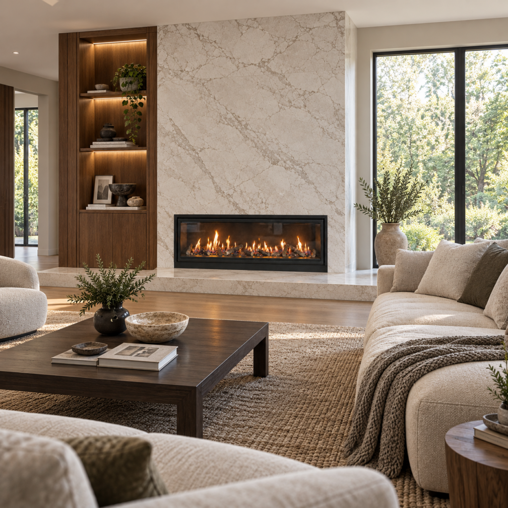 SXRX-C-001 wide black gas fireplace in a marble living room, square scene