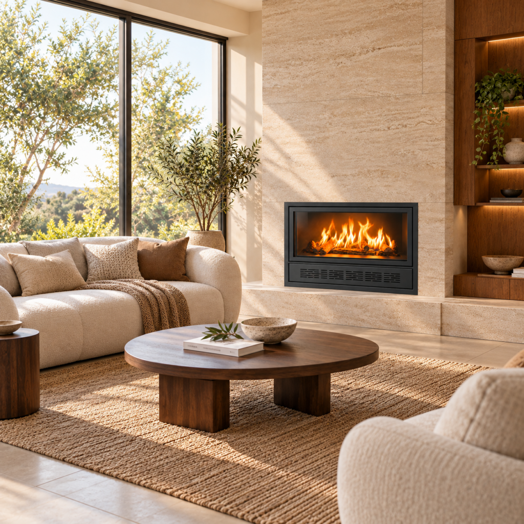 SXRX-C-001-900 black framed gas fireplace with lower grille in a travertine living room, square scene