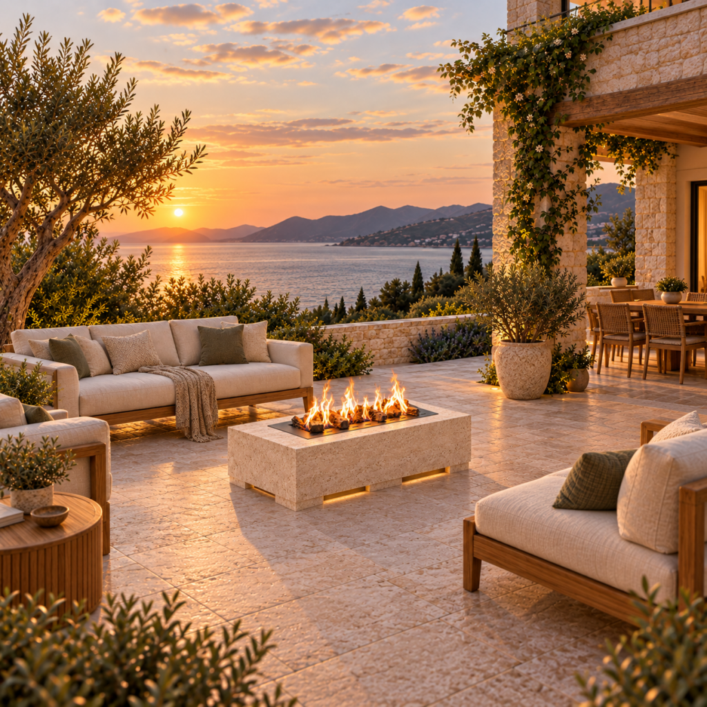 SXRX-C-002 open-top gas burner inset in a stone table on a coastal terrace, square scene
