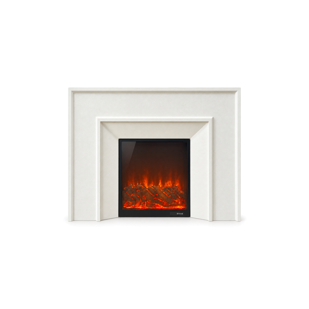 FJ-BLJ-020 white stepped mantel electric fireplace, front product view on white