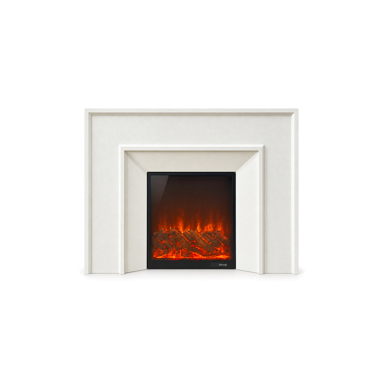 FJ-BLJ-020 white stepped mantel electric fireplace, front product view on white