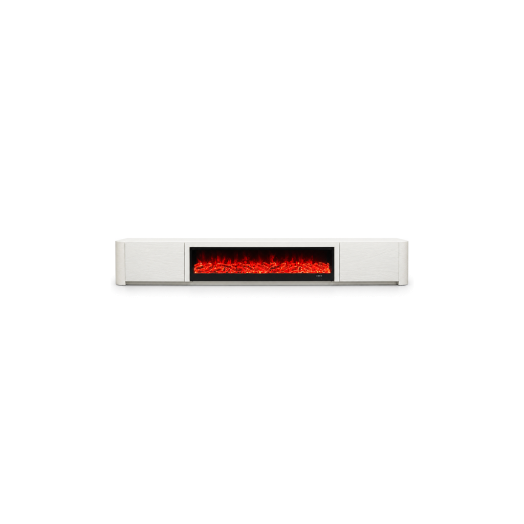 FS-DSG-034 ivory linear electric fireplace tv console, front product view on white