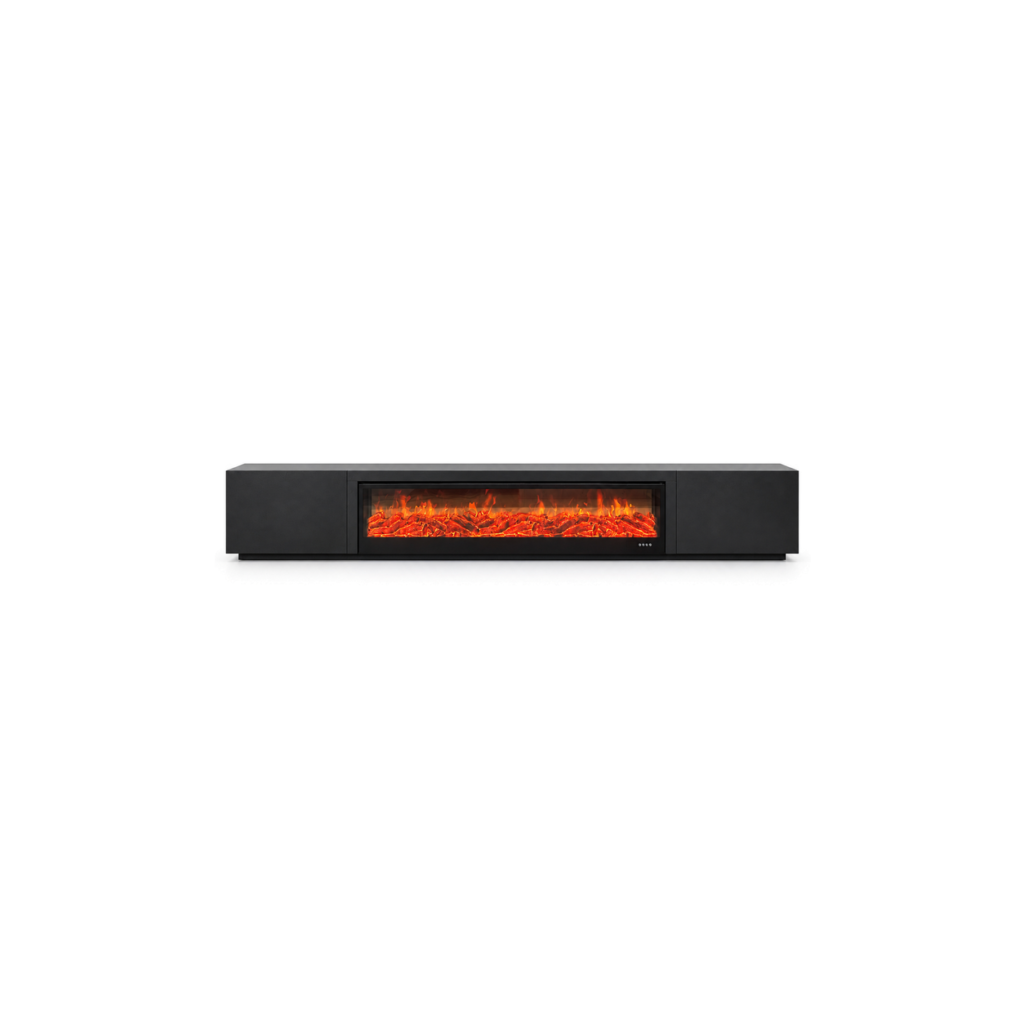 FS-DSG-035 black linear electric fireplace tv console, front product view on white