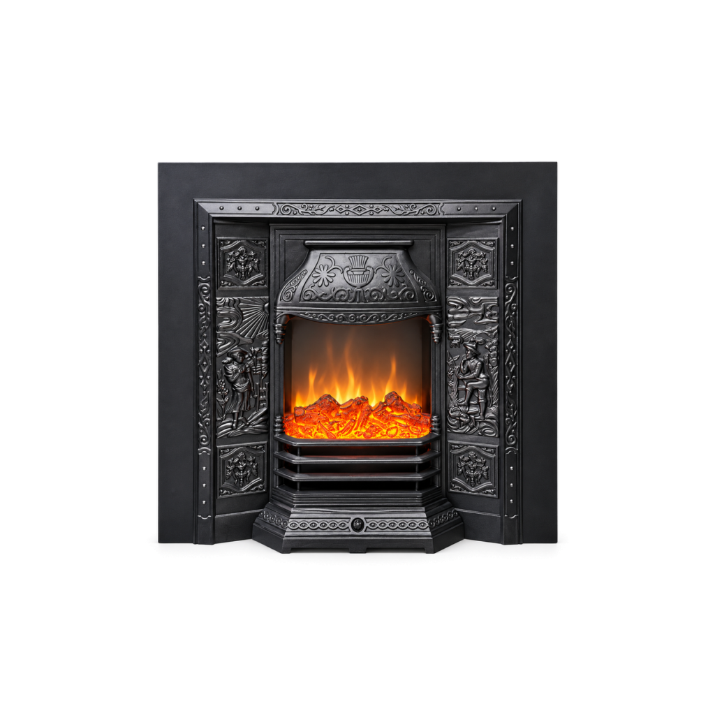 TLB-001 ornate black electric fireplace insert, front product view on white