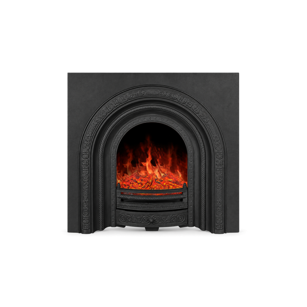 TLB-008 black arched electric fireplace insert, front product view on white