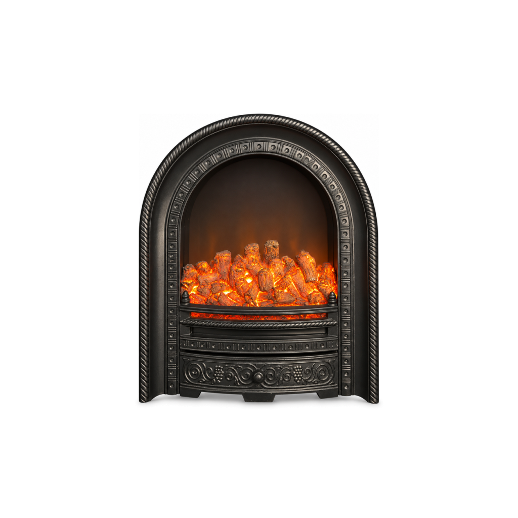 TLB-008-3 decorative arch electric fireplace insert, front product view on white
