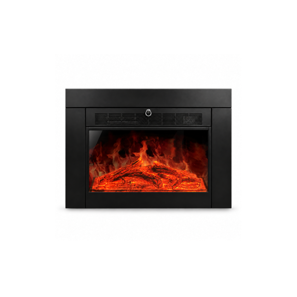 TLB-99A-1 black framed electric fireplace insert, front product view on white