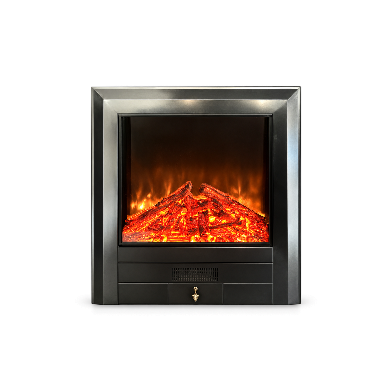TLB-99A-15 silver-trim electric fireplace insert, front product view on white