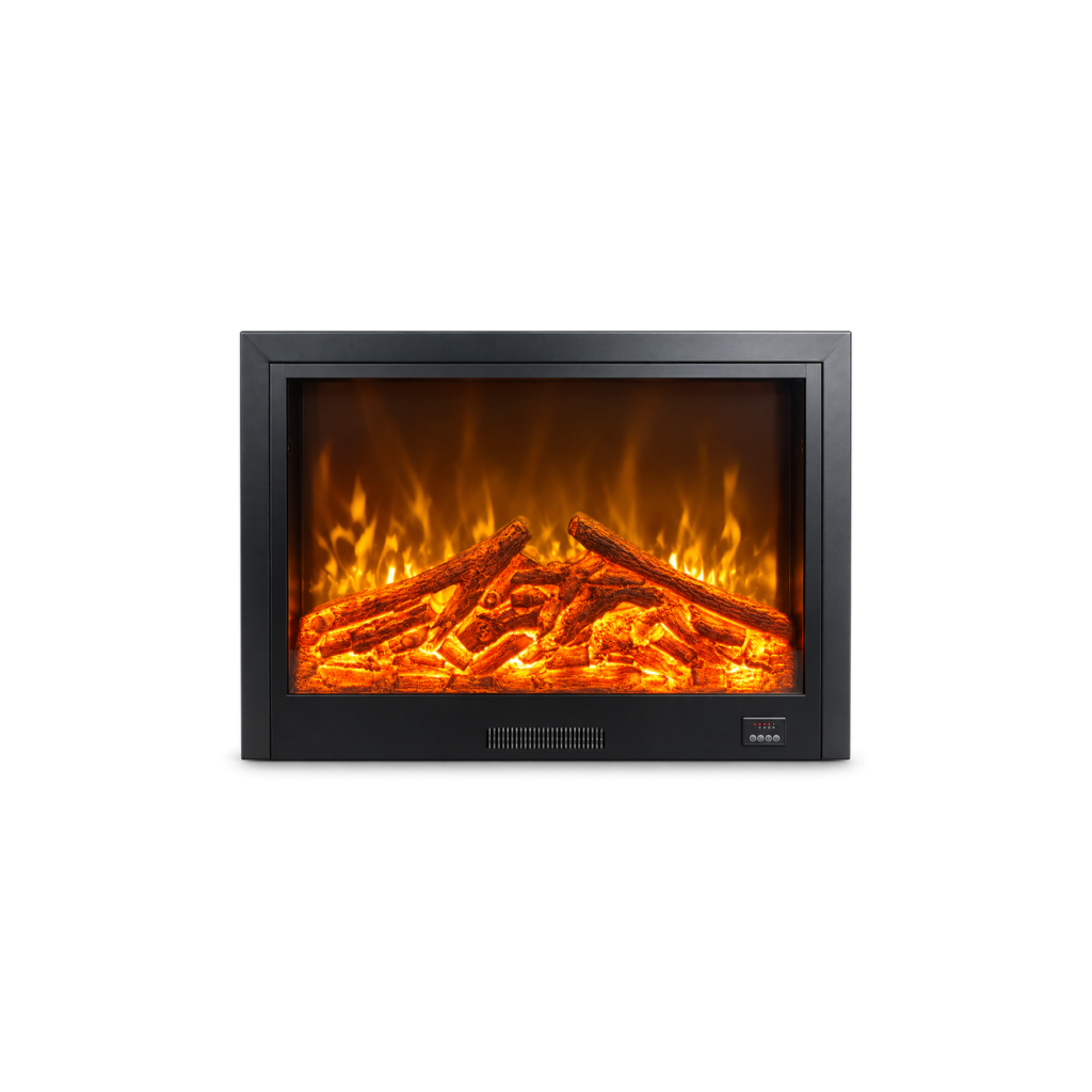 TLB-99A-16 wide-view black electric fireplace insert, front product view on white