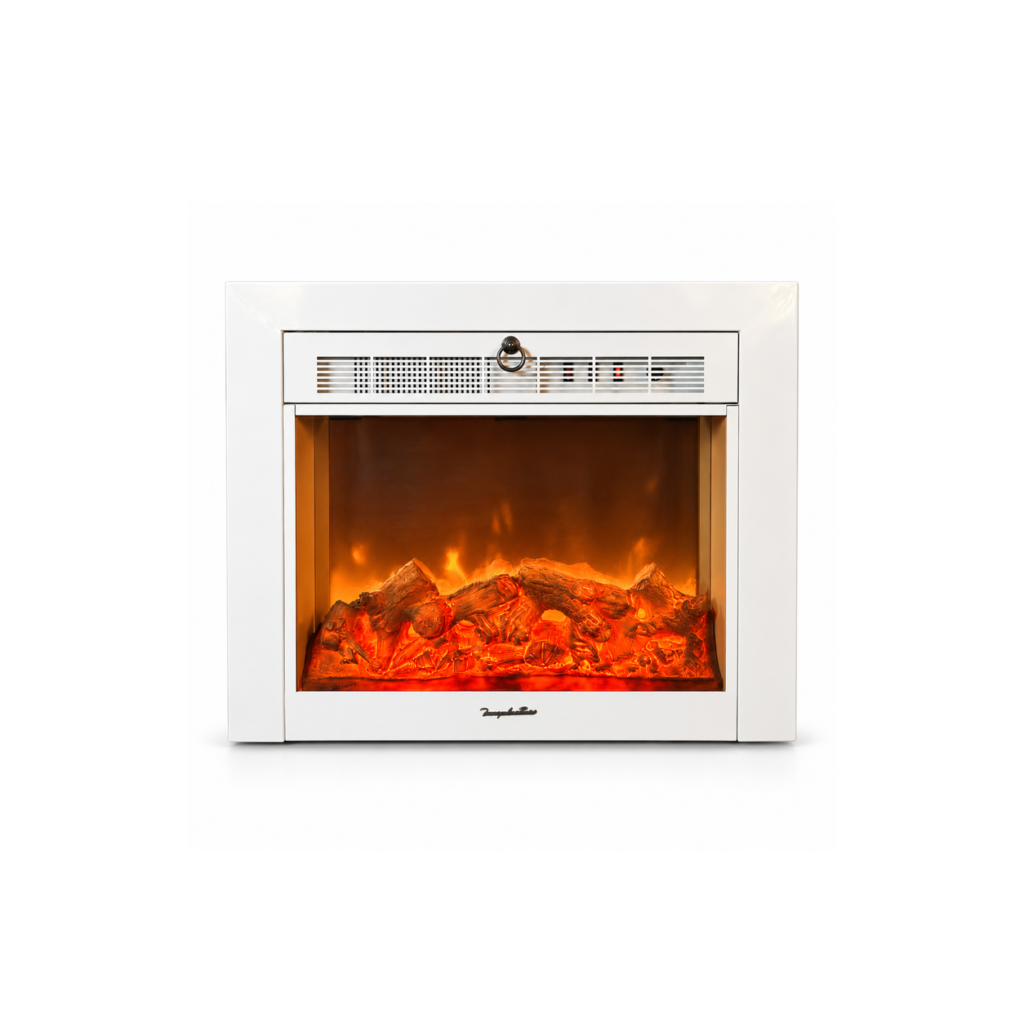 TLB-99B-2 classic white electric fireplace insert, front product view on white