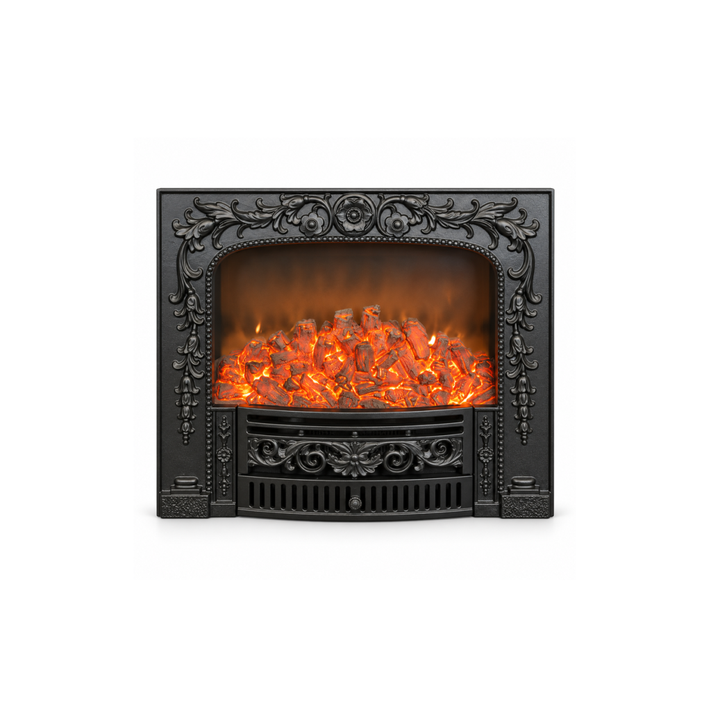 TLB-99B-2A floral-relief electric fireplace insert, front product view on white
