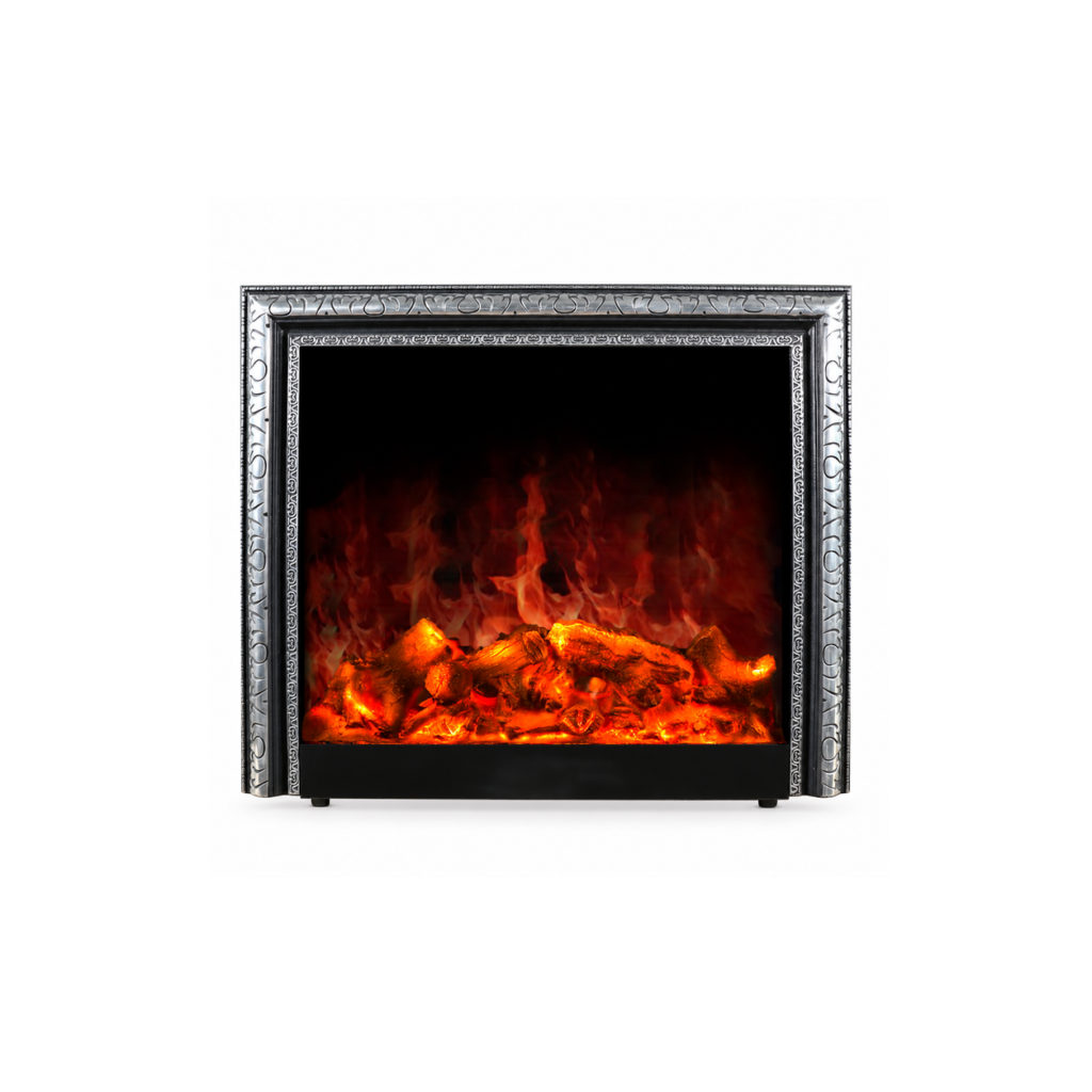 TLB-99B-2 silver-pattern electric fireplace insert, front product view on white